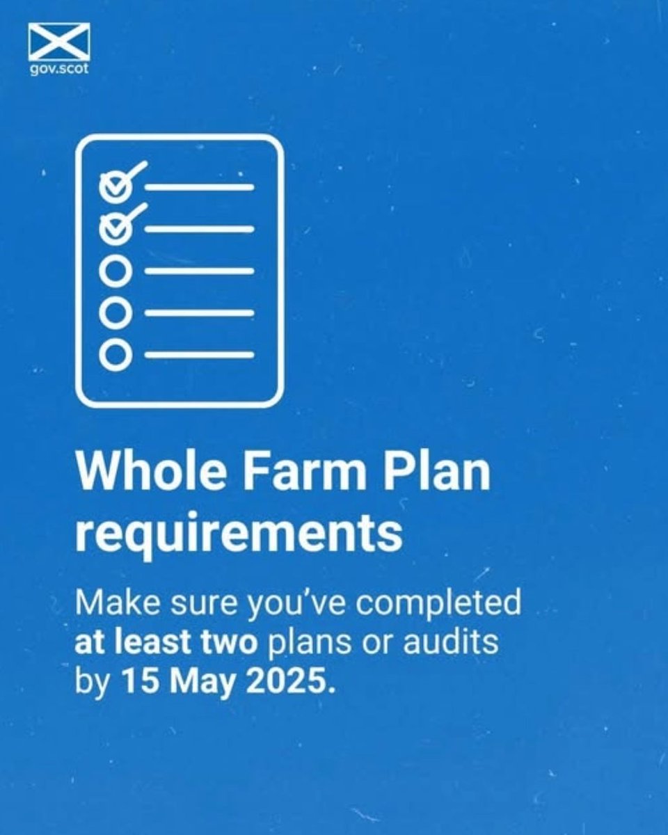 Just one week to apply for 2025 Whole Farm Plan ⏰ 

If you’re claiming support through the Basic Payment Scheme, you must complete at least two parts of the before 15 May.

📌 Find out what you need to do: bit.ly/42yoXaZ
