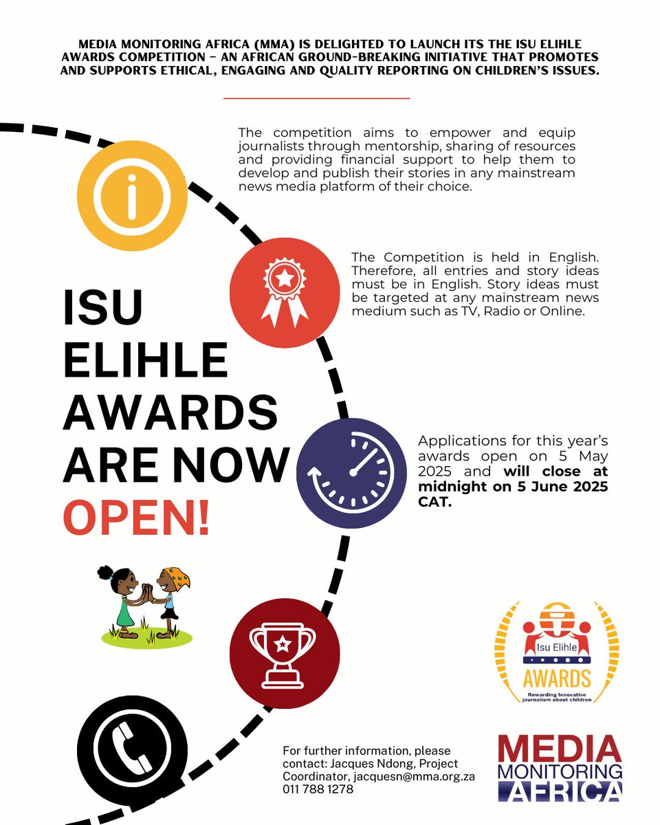 GIJN Africa (@gijnafrica) on Twitter photo NEW! <a href="/MediaMattersZA/">Media Matters</a> is now accepting applications for the 2025 Isu Elihle Awards.
The contest encourages journalists to highlight issues faced by children in Africa.
Winners will receive cash prizes.
Deadline: June 5.
Details ๐ twp.ai/4inJqh NEW! <a href="/MediaMattersZA/">Media Matters</a> is now accepting applications for the 2025 Isu Elihle Awards.
The contest encourages journalists to highlight issues faced by children in Africa.
Winners will receive cash prizes.
Deadline: June 5.
Details ๐ twp.ai/4inJqh