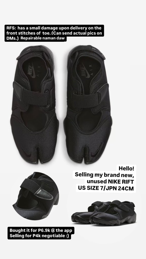 terefied_'s tweet image. Hello! Selling my bn unused NIKE RIFT US SIZE 7/JPN SIZE 24CM

Bought for P6.9k; Selling for P4k nego

RFS: need extra funds. Has small damage on the stitches on the toe side but can be repaired naman daw.
Can send actual pics on DMs! Thanks!

#nike #rift #nikerift #forsale #PH