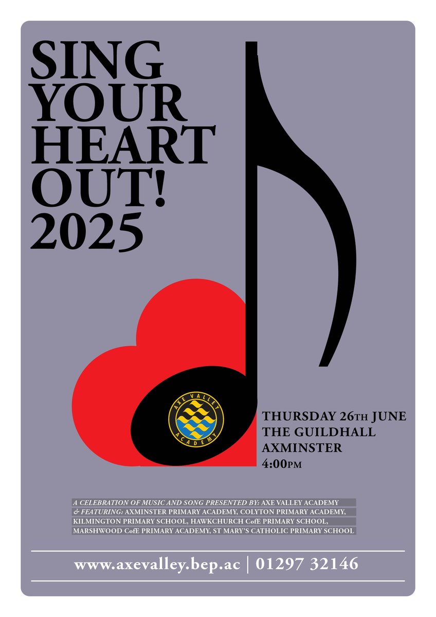SAVE THE DATE for one of our favourite events of the year. Sing Your Heart Out 2025. We will come together with our friends from our feeder primary schools on Thursday 26th June 2025, 4pm at the Guildhall, Axminster. #weareava #everythingforeveryone