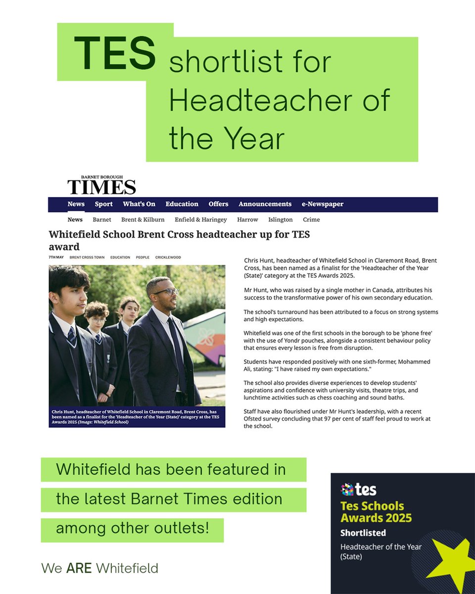 Whitefield School (@whitefield_nw2) on Twitter photo 🗞️ Catch us in the latest Barnet Times, for Mr Hunt’s <a href="/tes/">Tes magazine</a> headteacher of the year shortlisting!
Also featured in Ham&High, Harrow Times and This Is Local London.
🔗: times-series.co.uk/news/25139790.… 🗞️ Catch us in the latest Barnet Times, for Mr Hunt’s <a href="/tes/">Tes magazine</a> headteacher of the year shortlisting!
Also featured in Ham&High, Harrow Times and This Is Local London.
🔗: times-series.co.uk/news/25139790.…