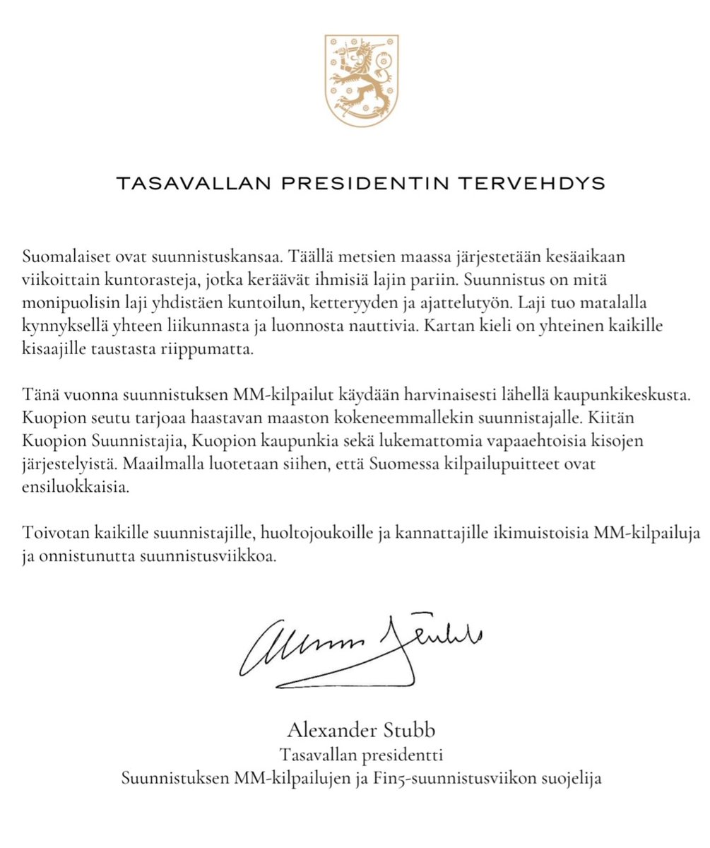 Tasavallan presidentin ja MM-kilpailujen suojelijan tervehdys. Fin5 menee sinä samalla 😄

#suunnistus 😍