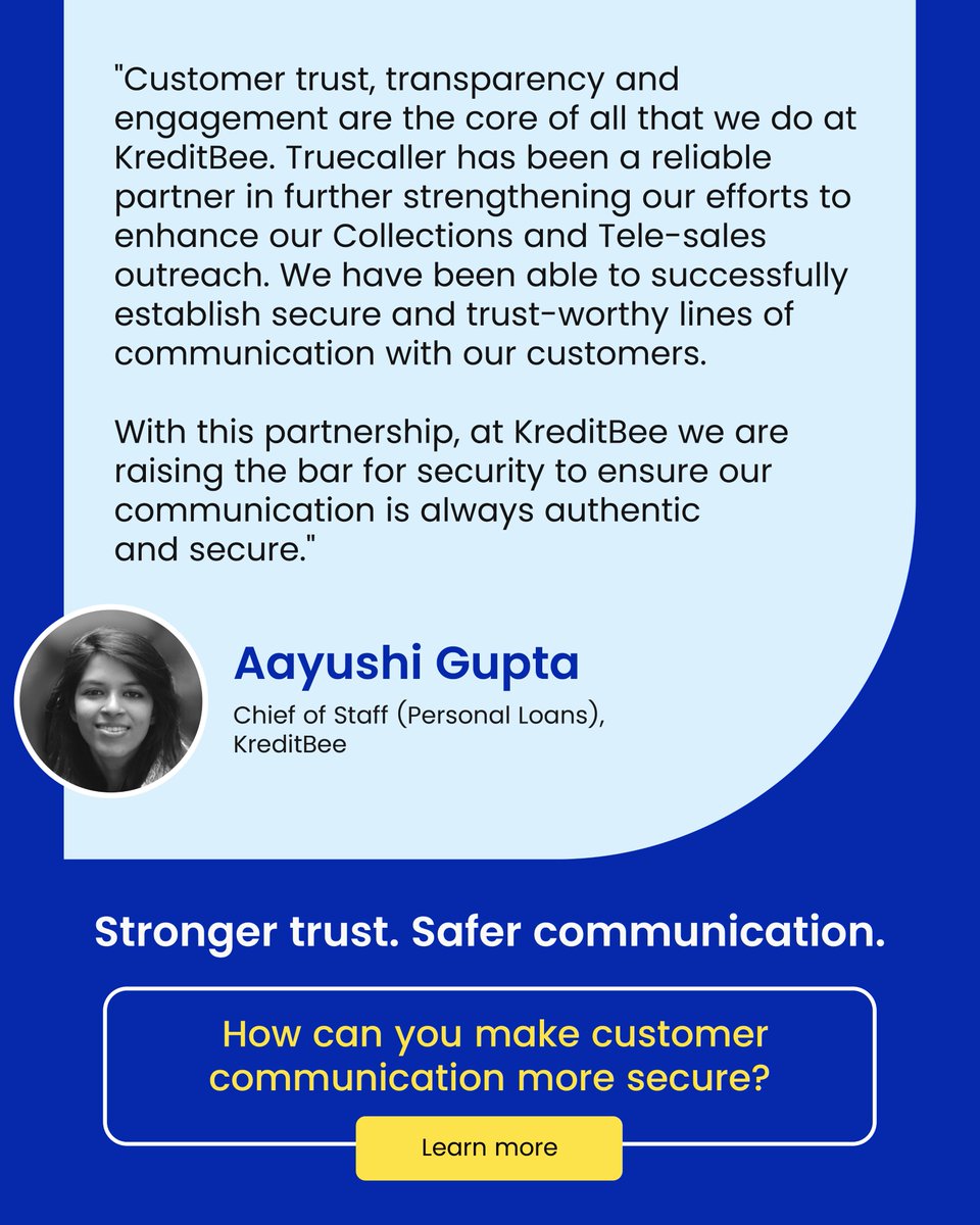 Truecaller for Business (@biztruecaller) on Twitter photo When it comes to personal finance, if people don’t trust the call — they won’t pick up.
<a href="/kreditbee/">KreditBee India</a> was losing real conversations, until they turned it around with <a href="/BizTruecaller/">Truecaller for Business</a> 🔐
Branded calls. Clear identity. Real purpose. ✅
Swipe to see how they made every call count.👇 When it comes to personal finance, if people don’t trust the call — they won’t pick up.
<a href="/kreditbee/">KreditBee India</a> was losing real conversations, until they turned it around with <a href="/BizTruecaller/">Truecaller for Business</a> 🔐
Branded calls. Clear identity. Real purpose. ✅
Swipe to see how they made every call count.👇