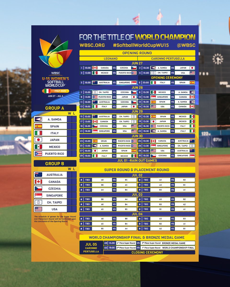 🚨 Breaking News‼️
🏆🥎 50 Days to go: WBSC U-15 Women's Softball World Cup schedule announced.

#SoftballWorldCupWU15