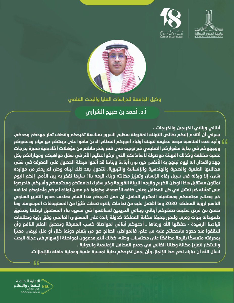 كلمة وكيل #جامعة_الحدود_الشمالية للدراسات العليا والبحث العليا أ.د.أحمد بن صبيح الشراري؛ بمناسبة تخرج #الدفعة_الثامنة_عشرة : 
نحتفي بكم اليوم ونراكم قادة للمستقبل؛ فقد أثبتم بجدكم وجهدكم أنكم على قدر الثقة والمسؤولية، ونفخر بإنجازاتكم.