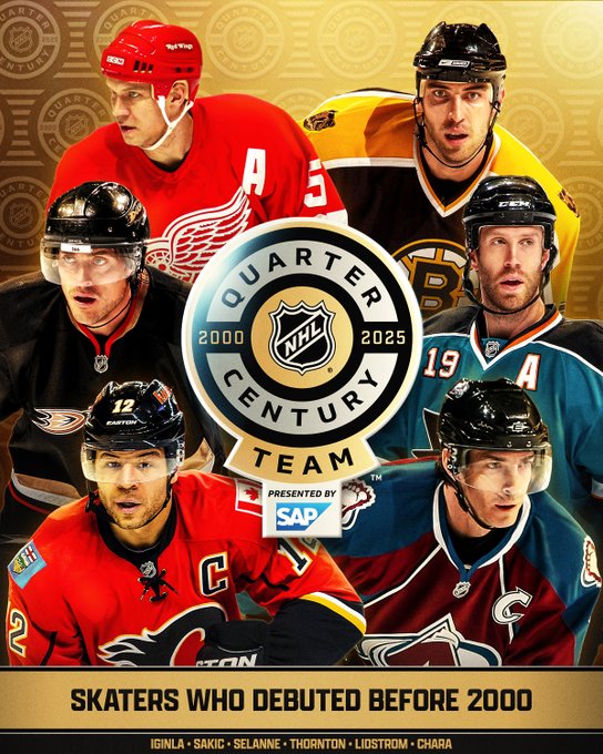 The NHL Quarter-Team logo at the center surrounded by cutouts of the following players: Nicklas Lidstrom (DET), Zdeno Chara (BOS), Joe Thornton (SJS), Joe Sakic (COL), Jarome Iginla (CGY), and Teemu Selanne (ANA).