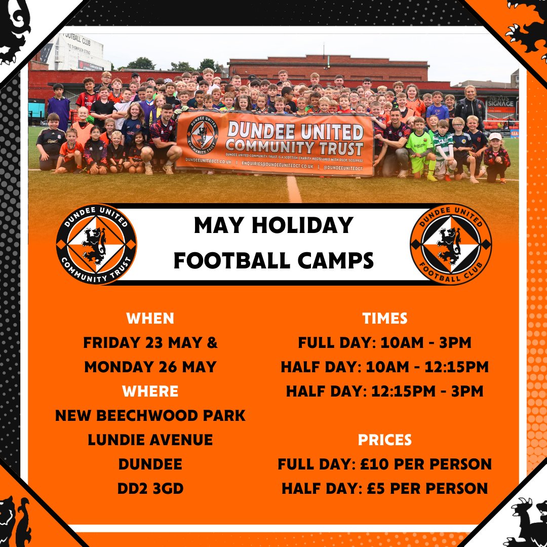 Don't miss out on our ever-popular school holiday football camps.  Book now at:

23rd May - dundeeunitedct.classforkids.io/camp/212
26th May - dundeeunitedct.classforkids.io/camp/213

Our coaches can't wait to see you there.