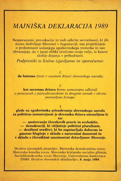 Na današnji dan leta 1989 je Tone Pavček prebral Majniško deklaracijo, katere sopodpisnica je bila Slovenska kmečka zveza (danes <a href="/strankaSLS/">SLS</a>).

Takrat pogum.
Danes odgovornost.

Ne pozabimo, kaj smo si obljubili:
glede na zgodovinska prizadevanja slovenskega naroda za politično