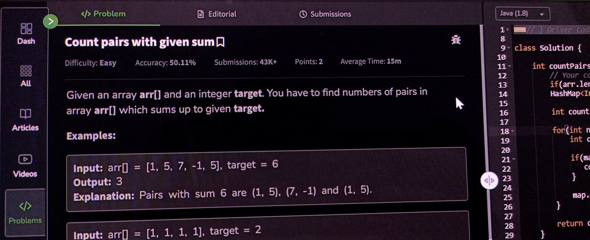 harshit_rwt's tweet image. Day-44 of problem solving, Today's problem is called "Count pairs with given sum" Very similar to the two sum problem 🙌 nothing new, 6/10.
See you on day-45 ✨✨
#geekstreak2025 #gfg160 #GeekforGeeks #GFG