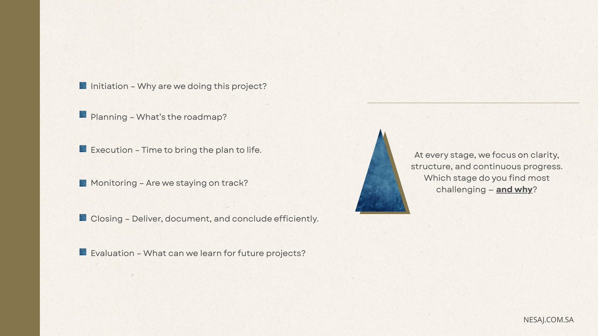 NesajCo's tweet image. #NesajWeeklyTip
Every project tells a story.
But behind every true success is a clear life cycle that guides it from concept to completion.

#ProjectManagementSteps #ProjectLifeCycle
#ProfessionalProjectManagement