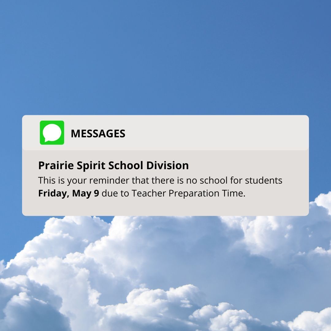 This is your reminder that there is no school for students on Friday, May 9 for Teacher Preparation Time. 

The Division's school year calendar is posted on the Division's website: buff.ly/LBZKpCC 

The 2025/26 school year calendar is now posted: 
buff.ly/mUI1oTj