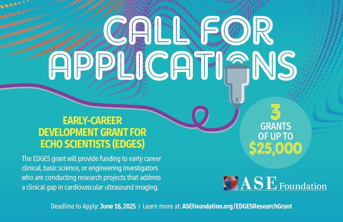 Jeremy Slivnick (@jslivnickmd) on Twitter photo 📢Early-career investigators in #Echofirst: great funding opportunity here📢. The <a href="/ASE360/">American Society of Echocardiography</a> EDGES grant supports research that addresses clinical gaps in #EchoFirst. 3 grants of up to $25K available. Deadline is June 16.
🔗 ASEFoundation.org/EDGESResearchG…
<a href="/VLSorrellImages/">V.L.Sorrell, MD (@CASEfromASE EIC)</a> <a href="/DavidWienerMD/">David H. Wiener, MD</a> 📢Early-career investigators in #Echofirst: great funding opportunity here📢. The <a href="/ASE360/">American Society of Echocardiography</a> EDGES grant supports research that addresses clinical gaps in #EchoFirst. 3 grants of up to $25K available. Deadline is June 16.
🔗 ASEFoundation.org/EDGESResearchG…
<a href="/VLSorrellImages/">V.L.Sorrell, MD (@CASEfromASE EIC)</a> <a href="/DavidWienerMD/">David H. Wiener, MD</a>