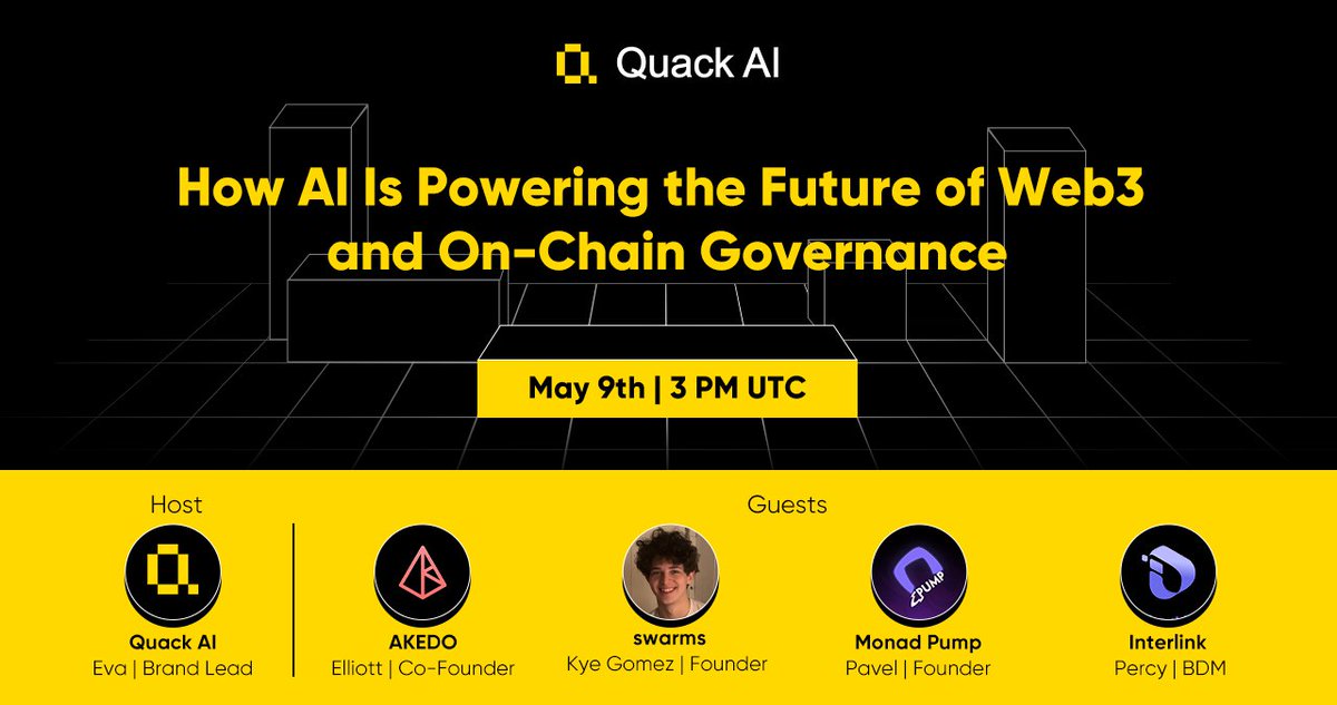 Quack AI (@quackai_ai) on Twitter photo Quack AI is hosting a Space with <a href="/akedofun/">AKEDO</a>, <a href="/swarms_corp/">swarms</a>, <a href="/MonadPump/">Monad Pump</a>, and <a href="/inter_link/">InterLink Labs ๐ค + ๐</a> to discuss how AI is empowering Web3 and on-chain governance.
๐ May 9th | 3 PM UTC
๐ x.com/i/spaces/1YqKDโฆ
From protocol automation to smarter decision-making, AI is unlocking new Quack AI is hosting a Space with <a href="/akedofun/">AKEDO</a>, <a href="/swarms_corp/">swarms</a>, <a href="/MonadPump/">Monad Pump</a>, and <a href="/inter_link/">InterLink Labs ๐ค + ๐</a> to discuss how AI is empowering Web3 and on-chain governance.
๐ May 9th | 3 PM UTC
๐ x.com/i/spaces/1YqKDโฆ
From protocol automation to smarter decision-making, AI is unlocking new