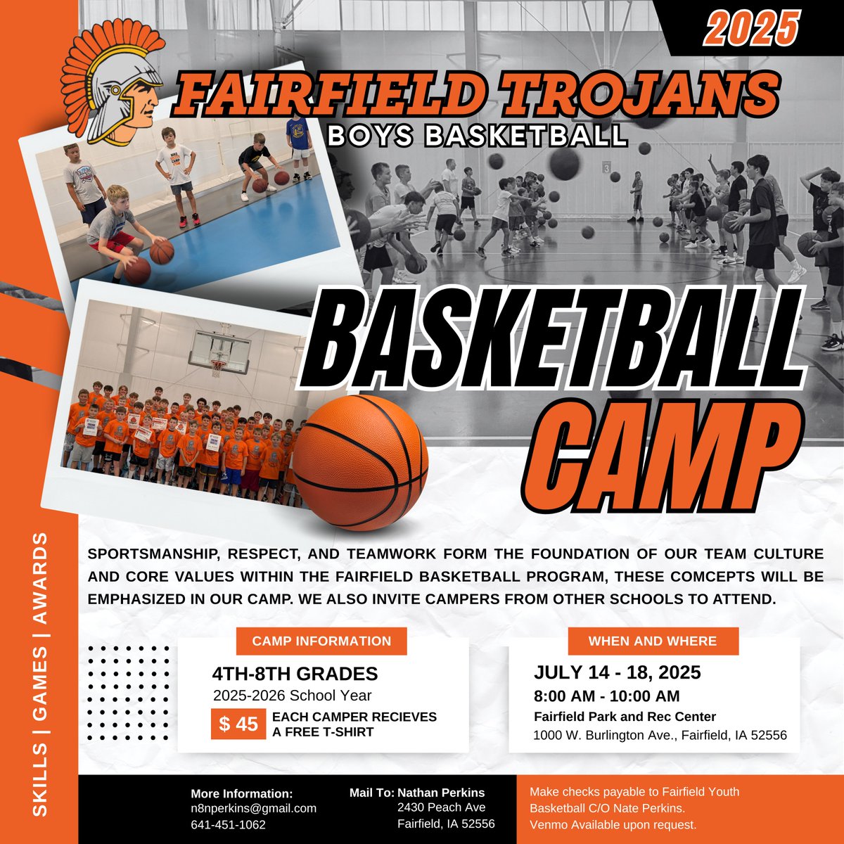 Fairfield Boys Basketball Camp
July 14th - 18th
Grades: 4th - 8th (25-26 school year)

Link: drive.google.com/file/d/10UJbQR…

The week-long camp focuses on offensive and defensive fundamentals.

All campers will receive a  T-Shirt!

GO TROJANS!