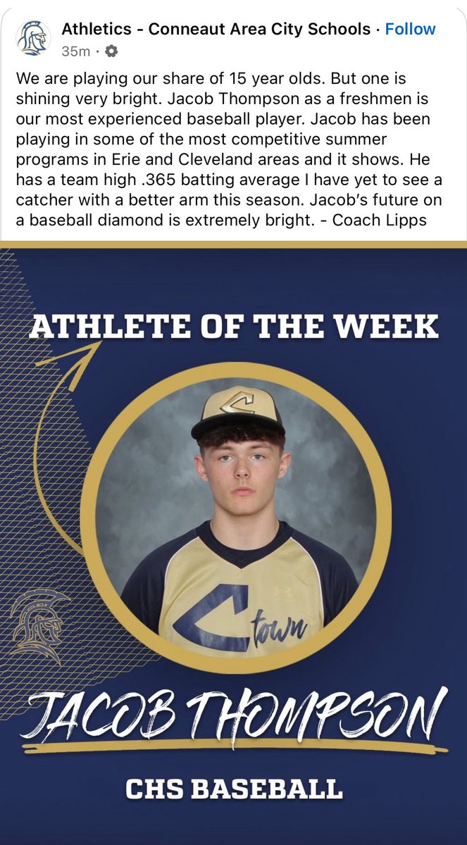 OSF Baseball (@osfbaseball) on Twitter photo Congrats to ‘28 C Jacob Thompson (Conneaut) on being named Athlete of the Week! Starting on their varsity as a freshman, going to be a name to remember!
#FearTheO | <a href="/CACSSpartans/">Conneaut Spartans</a> Congrats to ‘28 C Jacob Thompson (Conneaut) on being named Athlete of the Week! Starting on their varsity as a freshman, going to be a name to remember!
#FearTheO | <a href="/CACSSpartans/">Conneaut Spartans</a>