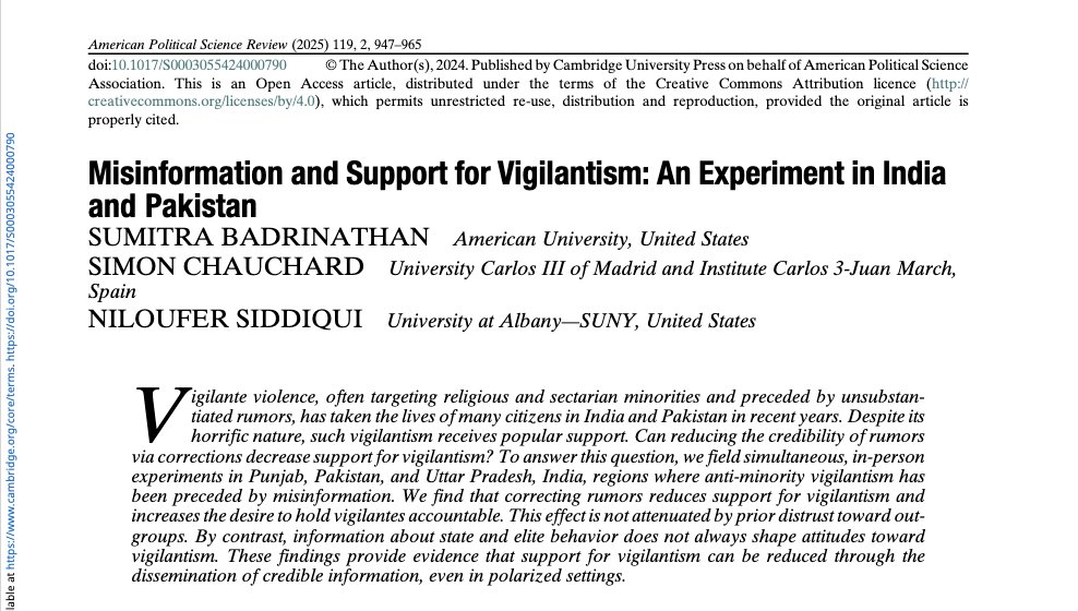 Milan Vaishnav (@milanv) on Twitter photo 1/ Three big, new India-relevant articles in <a href="/apsrjournal/">American Political Science Review</a>.
<a href="/kharibiskut/">Sumitra Badrinathan</a>, <a href="/SimonChauchard/">Simon Chauchard</a> & <a href="/NiloSiddiqui/">Niloufer Siddiqui</a> on misinformation and vigilantism cambridge.org/core/journals/… 1/ Three big, new India-relevant articles in <a href="/apsrjournal/">American Political Science Review</a>.
<a href="/kharibiskut/">Sumitra Badrinathan</a>, <a href="/SimonChauchard/">Simon Chauchard</a> & <a href="/NiloSiddiqui/">Niloufer Siddiqui</a> on misinformation and vigilantism cambridge.org/core/journals/…