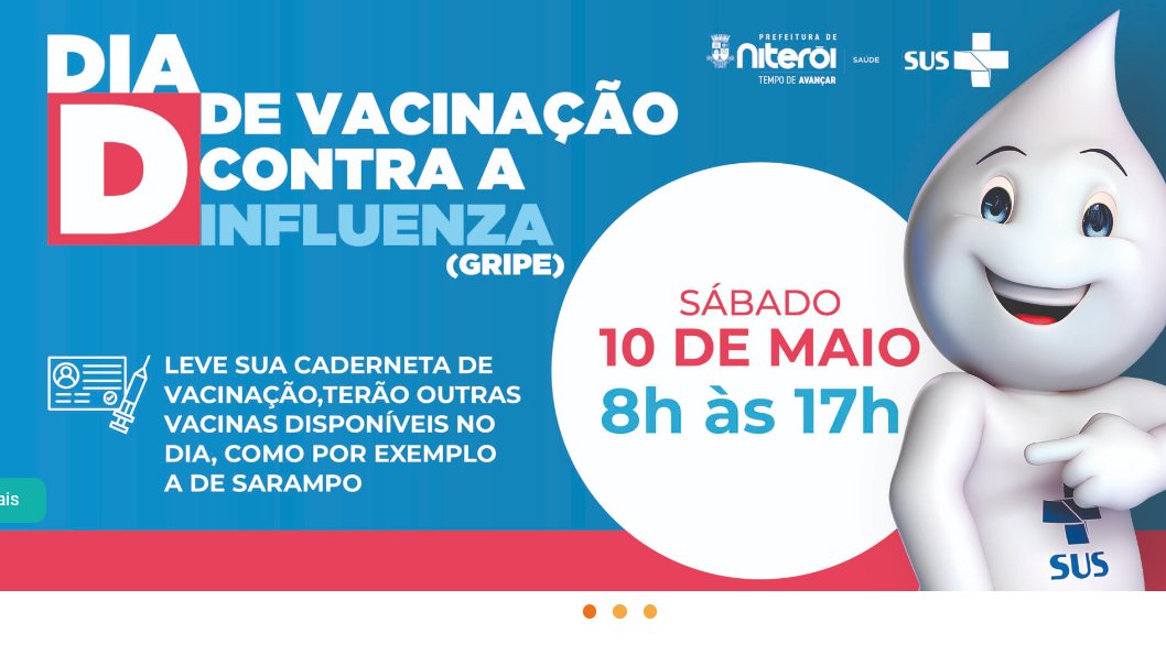 saudeniteroi's tweet photo. Destinada para toda população a partir de 6 meses de idade, nesta sábado (10) temos Dia D de Vacinação contra a #Influenza #Gripe nas unidades de saúde de #Niterói.
E de segunda a sexta, a campanha segue na rede.
Saiba mais: https://t.co/FFiGzoRZCX
#VacinaSIM #VacinarÉproteger https://t.co/uvUmkdIf0B