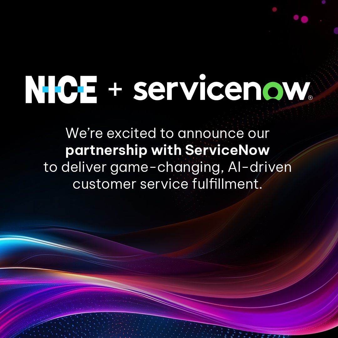 NICE (@niceltd) on Twitter photo We're thrilled to announce our strategic partnership with <a href="/ServiceNow/">ServiceNow</a>.
This collaboration combines NICE's #AI-powered customer service automation with ServiceNow's enterprise workflow solutions, delivering a seamless, end-to-end customer service experience: We're thrilled to announce our strategic partnership with <a href="/ServiceNow/">ServiceNow</a>.
This collaboration combines NICE's #AI-powered customer service automation with ServiceNow's enterprise workflow solutions, delivering a seamless, end-to-end customer service experience: