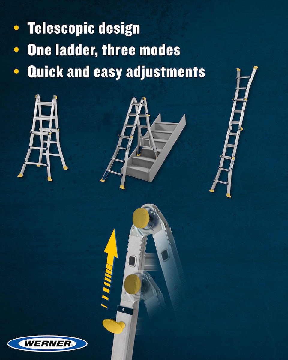 When working on the jobsite, productivity is essential. Designed to provide maximum comfort and versatility, the #Werner Telescopic Multi-Purpose Ladder can be switched to different ladder modes that suit the job at hand. wernerco.com/uk/combination… #CombinationLadder