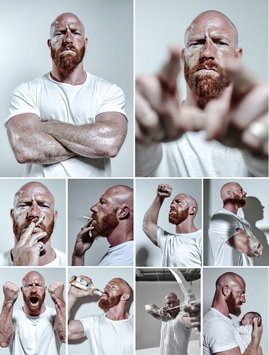 Midjourney OREF → Changing Actions.  

Easy way to learn OREF.  

PROMPT STRUCTURE: 
portrait photography, [perspective], [subject description], [action/body position]. white studio with soft lighting and shadows. high precision 85 mm photography --ar 3:4 --p --ow 150  

EX