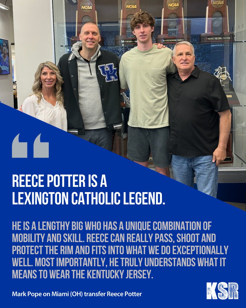 Reece Potter is officially a Kentucky Wildcat. UK just announced the signing of the 7'1" Miami (OH) transfer and former Lexington Catholic star. 

Mark Pope: "He truly understands what it means to wear the Kentucky jersey.”

on3.com/teams/kentucky…