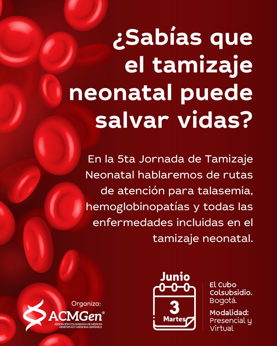 El próximo 3 de junio, en El Cubo Colsubsidio (Bogotá), exploraremos las rutinas de tamizaje neonatal y rutas de atención para talasemia y otras hemoglobinopatías en la 5ta Jornada de Tamizaje Neonatal.

🎟️ Inscríbete hoy y garantiza tu lugar:
👉 welcu.com/asociacion-col…