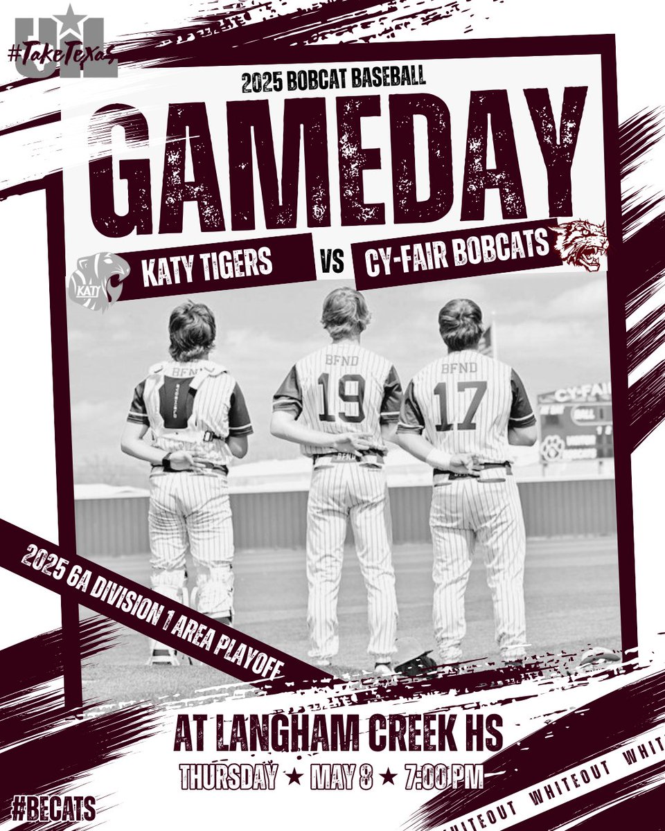 Cy-Fair Bobcats Baseball (@cyfairbaseball) on Twitter photo 🚨AREA GAME #1🚨
🆚 Katy Tigers
🏟️ Langham Creek HS
🕖 7pm
🎟️ bit.ly/ThuArea
⬜️ WHITE OUT!
#beCATS | #BFND | 🐾⚾️ 🚨AREA GAME #1🚨
🆚 Katy Tigers
🏟️ Langham Creek HS
🕖 7pm
🎟️ bit.ly/ThuArea
⬜️ WHITE OUT!
#beCATS | #BFND | 🐾⚾️