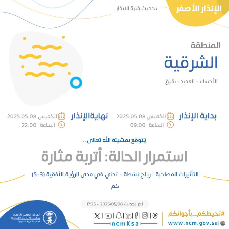 NCMKSA's tweet photo. الإنذار الأصفر - #المنطقة_الشرقية - #الأحساء #العديد #بقيق  

للتفاصيل  https://t.co/GWpic4wlAp 

#الإنذار_المبكر #طقس_السعودية
#المركز_الوطني_للأرصاد https://t.co/vJQTn9lCru