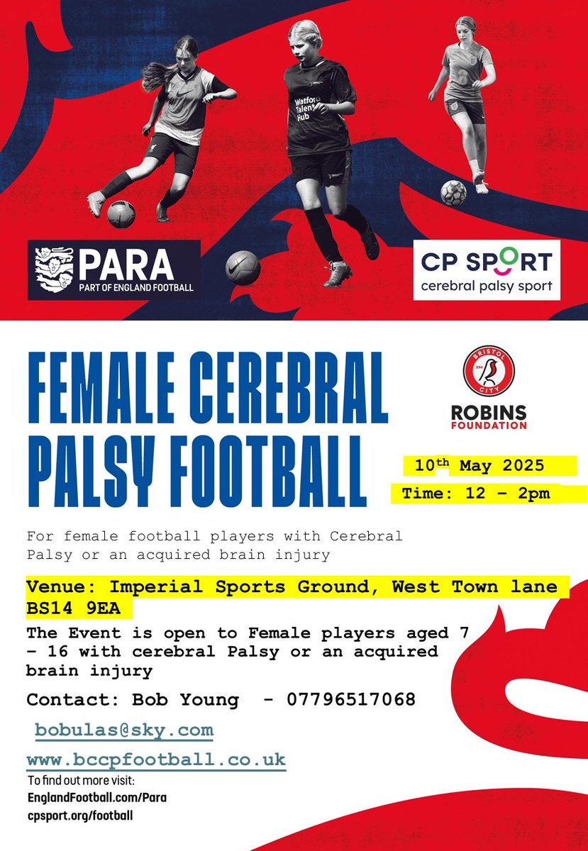 Cerebral Palsy Sport (@cp_sport) on Twitter photo We have 6 Female CP Football Satellite Centres, across England, with sessions taking place over the next few months 💚
Bristol City CP FC have their next session on Saturday 10th May.
For more information, please see attached.
<a href="/RobinsFound/">Bristol City Robins Foundation</a> We have 6 Female CP Football Satellite Centres, across England, with sessions taking place over the next few months 💚
Bristol City CP FC have their next session on Saturday 10th May.
For more information, please see attached.
<a href="/RobinsFound/">Bristol City Robins Foundation</a>