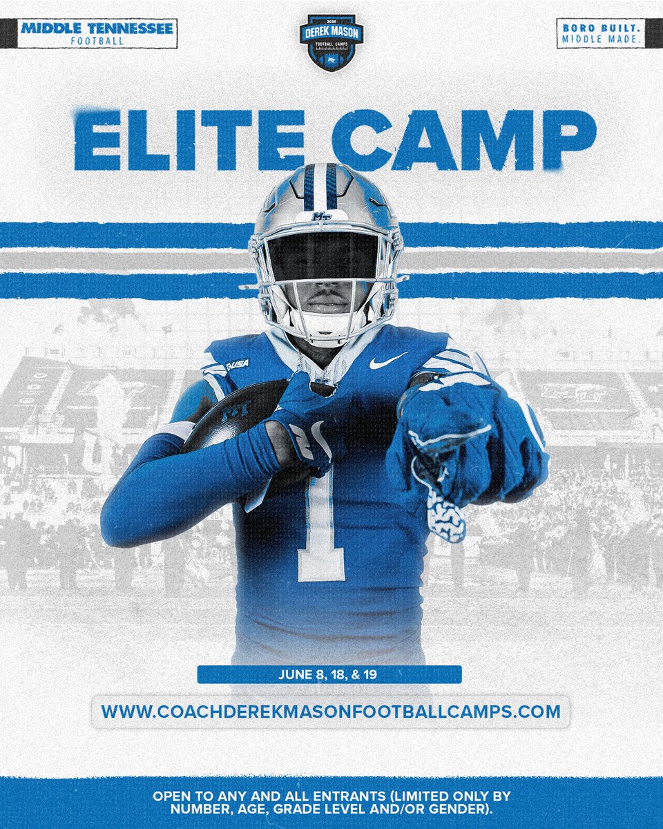 Middle Tennessee Football Recruiting (@mtfb_recruiting) on Twitter photo We're one month away from <a href="/CoachDerekMason/">Derek Mason</a>'s first Elite Camp of 2025!
Sign up today: CoachDerekMasonFootballCamps.com
#BoroBuiltMiddleMade We're one month away from <a href="/CoachDerekMason/">Derek Mason</a>'s first Elite Camp of 2025!
Sign up today: CoachDerekMasonFootballCamps.com
#BoroBuiltMiddleMade