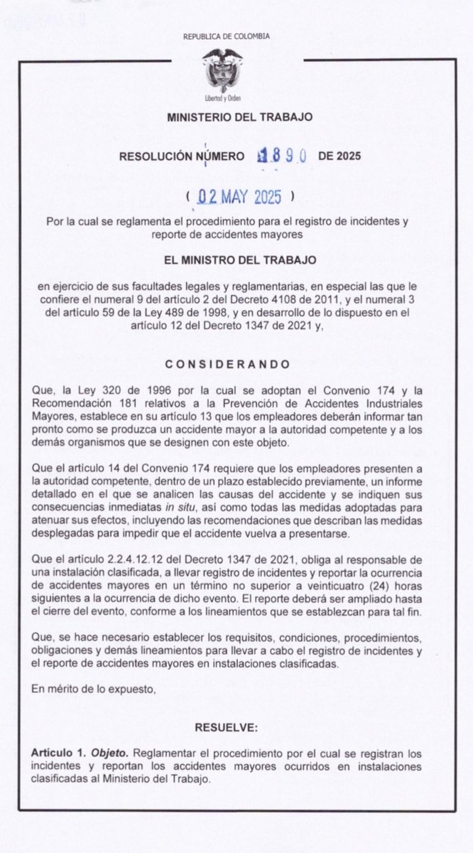 🚨🚨🚨🚨La Resolución 1890 de 2025 de <a href="/MintrabajoCol/">MinTrabajo</a>, tiene como propósito reglamentar el registro de incidentes y el reporte de accidentes mayores fortaleciendo la cultura de prevención de riesgos laborales y fomentando entornos de trabajo más seguros y saludables.