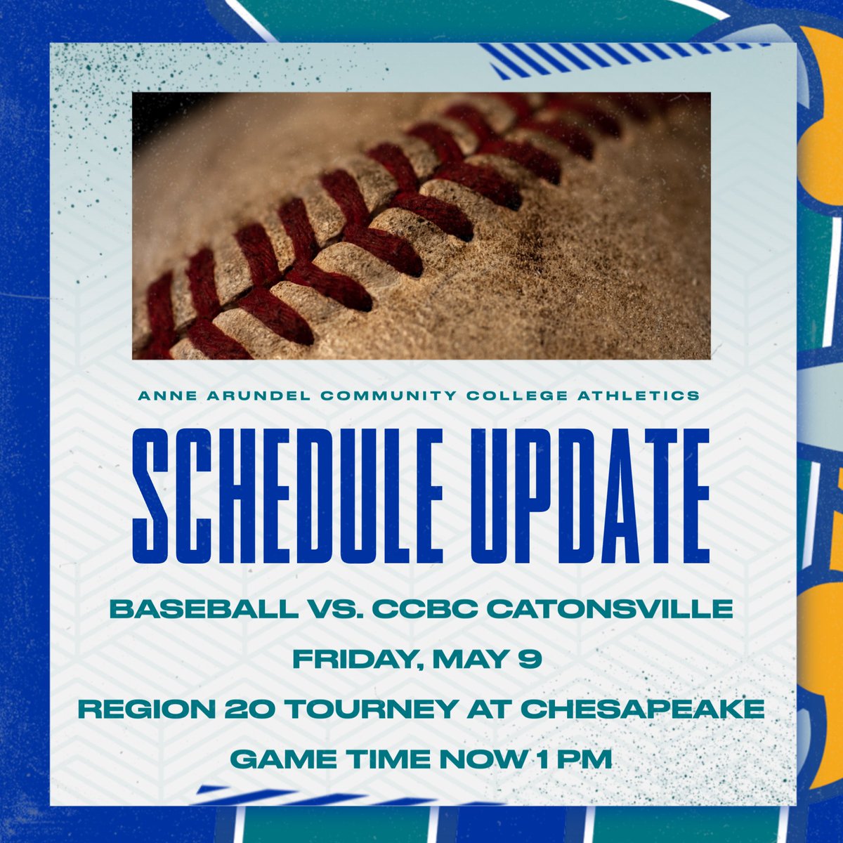 BASE: Game Update -- Start time for Friday's NJCAA Region 20 tournament game vs CCBC Catonsville (at Chesapeake) pushed back to 1 p.m.