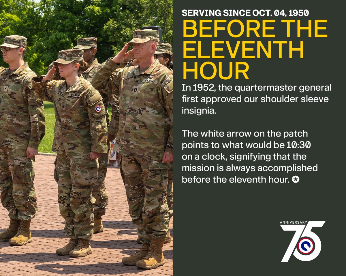 Our patch is quite impressive!

In 1952, the quartermaster general first approved our patch. The white arrow on the patch points to what would be 10:30 on a clock, signifying that the mission is always accomplished before the eleventh hour.

#Army250 #1TSC75