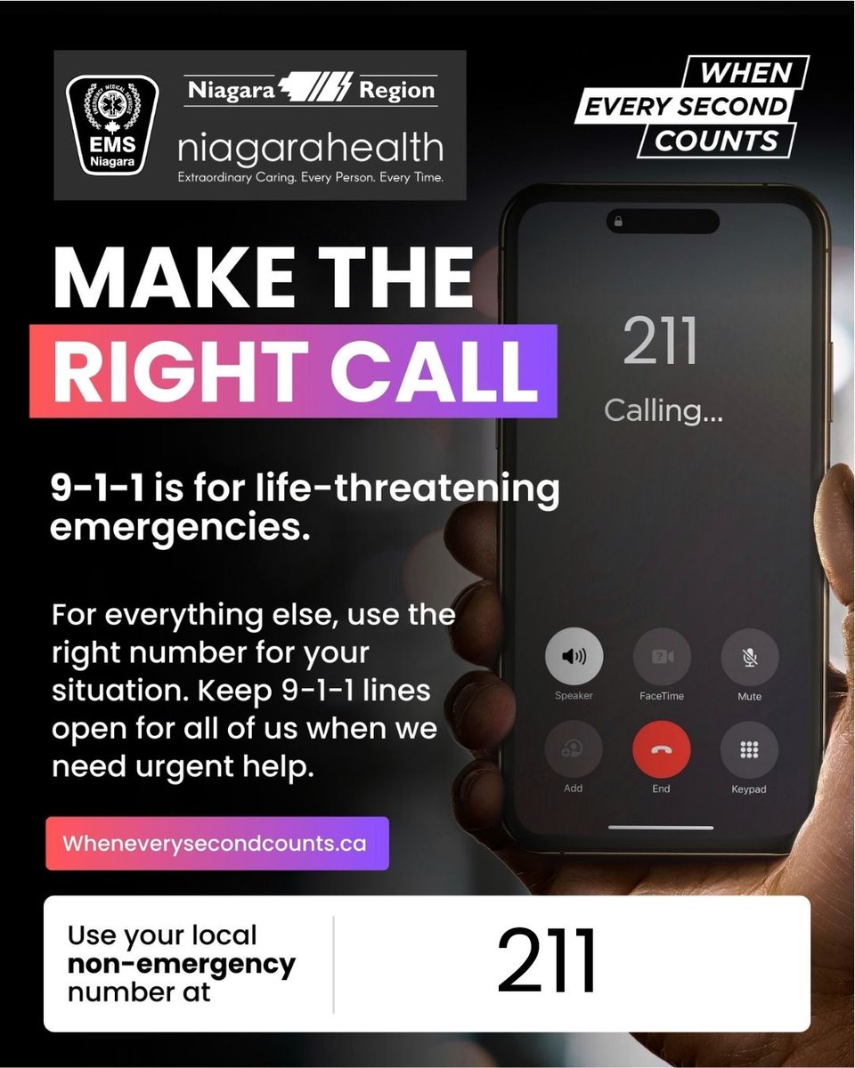 Niagara Region Public Health (@nrpublichealth) on Twitter photo Together with <a href="/niagarahealth/">NiagaraHealth</a>, we are proud to support today’s launch of the 'When Every Second Counts' provincewide campaign to combat 9-1-1 misuse.
Remember, 9-1-1 is for emergencies only. Let's keep the lines clear. WhenEverySecondCounts.ca Together with <a href="/niagarahealth/">NiagaraHealth</a>, we are proud to support today’s launch of the 'When Every Second Counts' provincewide campaign to combat 9-1-1 misuse.
Remember, 9-1-1 is for emergencies only. Let's keep the lines clear. WhenEverySecondCounts.ca