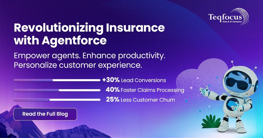 The insurance sector is evolving to manage over $7 trillion in assets. 
Salesforce Agentforce's CRM and AI boost agent productivity, personalizing customer experiences, leading to faster claims, better lead conversions, and reduced churn through omni-channel engagement.
#Teqfocus