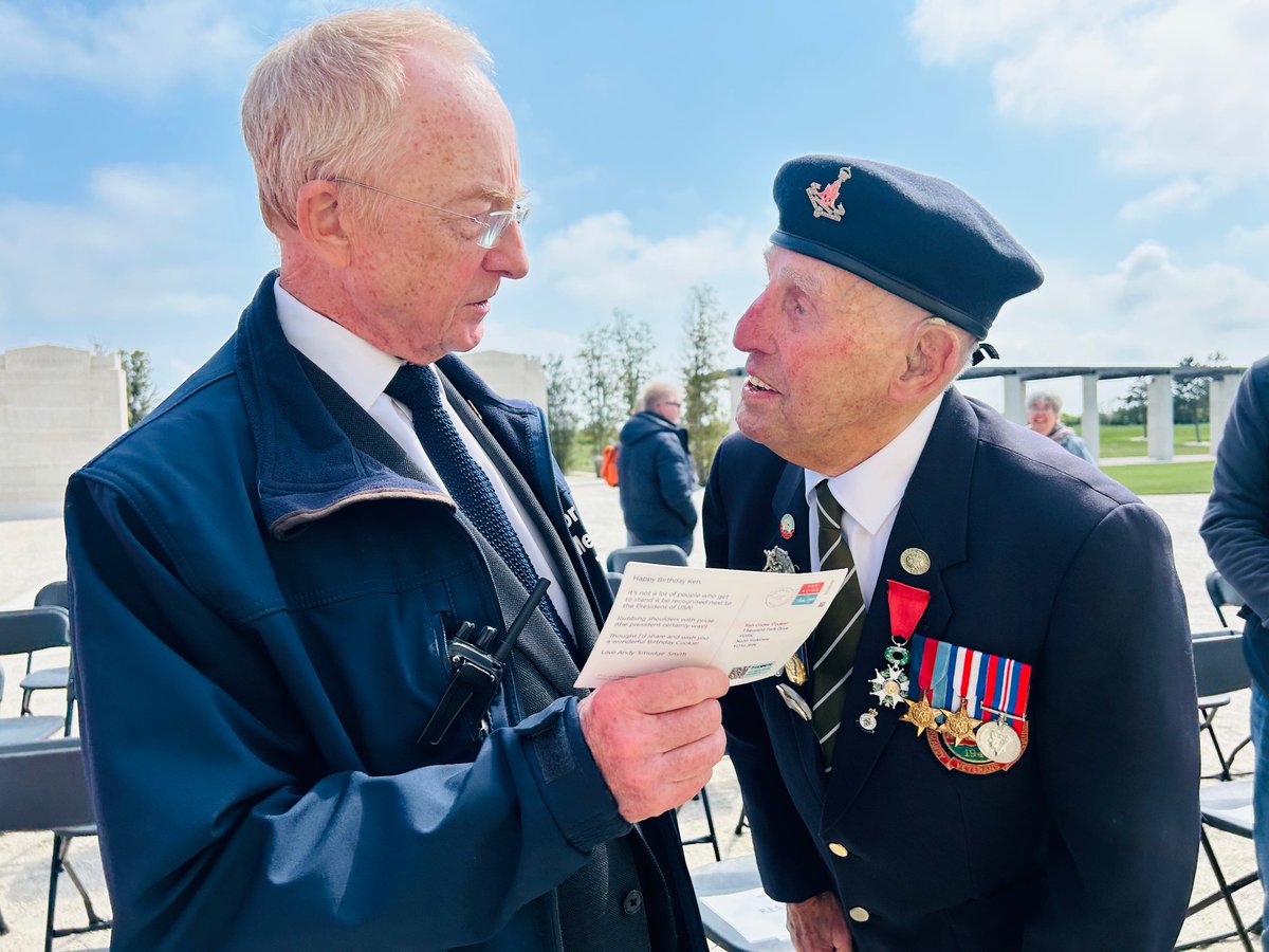 A beautiful service at the British Normandy Memorial lead by the RBL Normandy Branch - recalling poignant memories from those were there on VE Day / Liberation Day. Delighted to be joined by Normandy Veteran Ken Cooke. #VE80