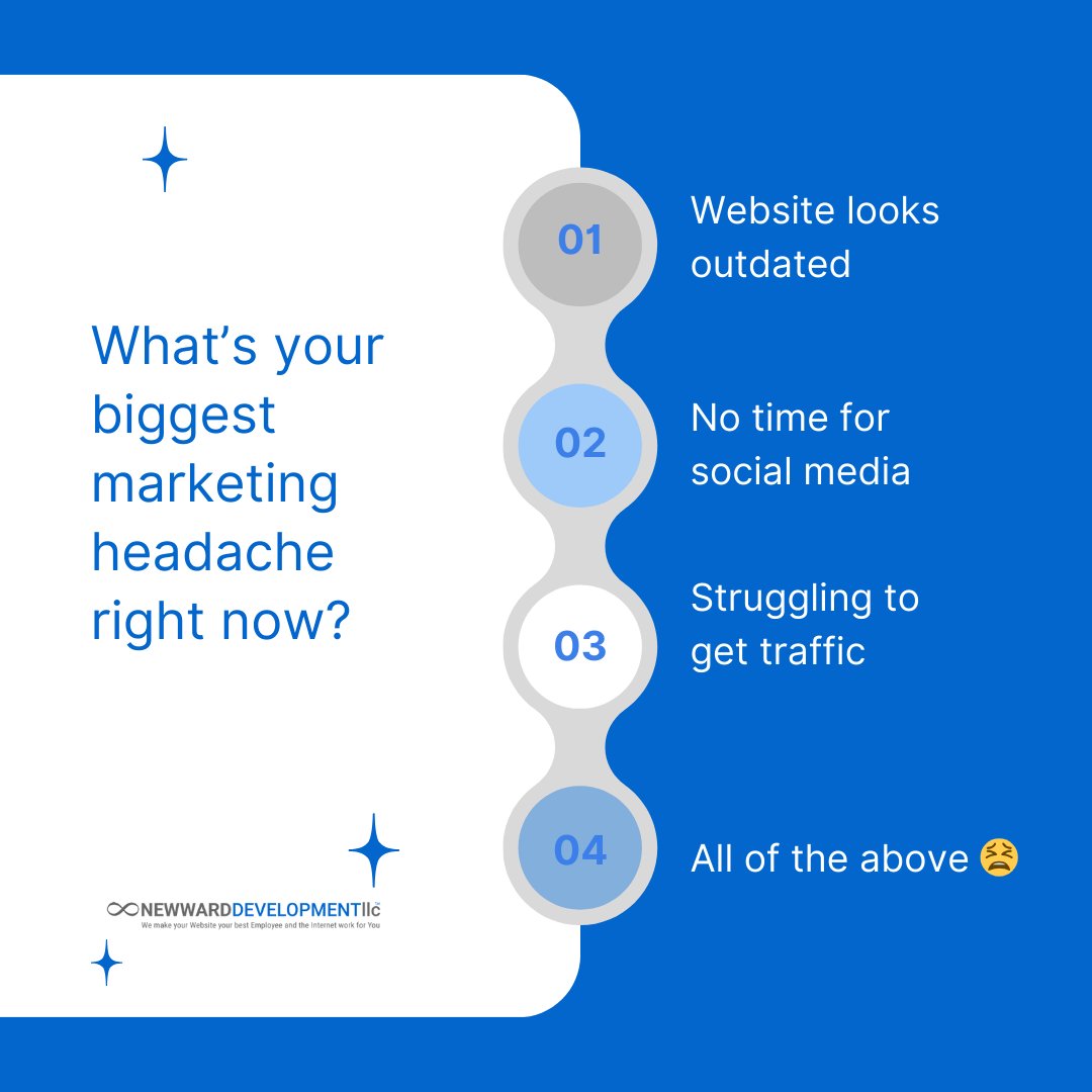 newward's tweet image. 🎯 What’s your biggest marketing headache right now?
A. Website looks outdated
B. No time for social media
C. Struggling to get traffic
D. All of the above 😫

Drop your letter in the comments 👇 and we’ll share a quick tip to help!

#MarketingHelp #SmallBusinessMarketing