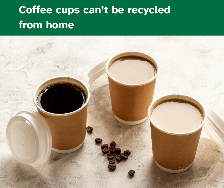 Coffee cups and other takeaway cups can't be recycled from home - even if they say they can be composted.
❌please don't put in the food waste or the black box with cardboard.
✅However many high street stores can accept them for specialist recycling.