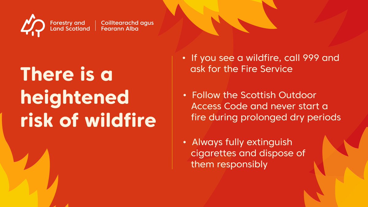 There’s a very high to extreme risk of wildfire across Scotland until Mon 12 May.

We urge all visitors to do their part to prevent wildfires by paying attention to local guidance.

If you see a wildfire, call 999.

More info: firescotland.gov.uk/news/very-high…