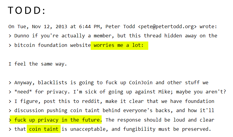 - Fungibility and Blacklisting:

Both Dillon and Todd are concerned about threats to Bitcoin’s fungibility!

Particularly through mechanisms like blacklisting or coin taint !