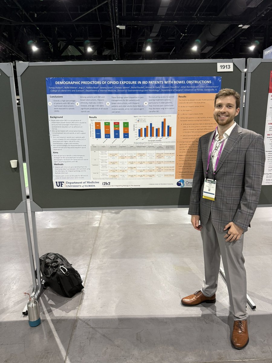 At #DDW2025, Tomas Potlach identified demographic predictors of opioid exposure in IBD patients with history of bowel obstructions. Hispanic ethnicity, male sex, Crohn’s disease, and age &gt;=65 were independent risk factors for opioid exposure.