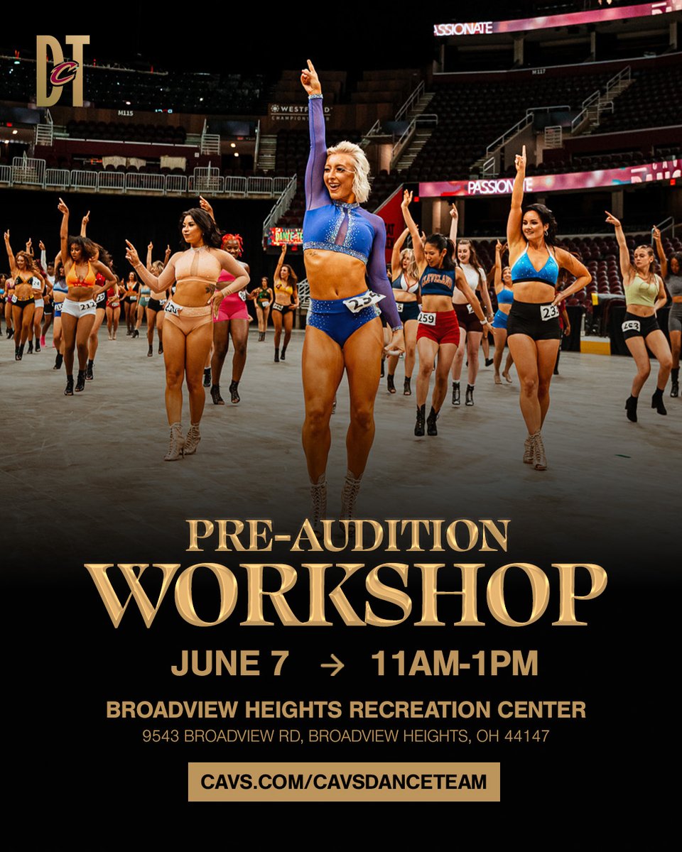 JOIN US FOR OUR PRE-AUDITION WORKSHOP ON JUNE 7TH!

✨ Free admission
✨ Across the floor segment
✨Jazz &amp; Hip Hop Choreography
✨ Opportunity to win a "Fast Pass" that will advance you past the first round of auditions!

More information at cavs.com/CavsDanceTeam