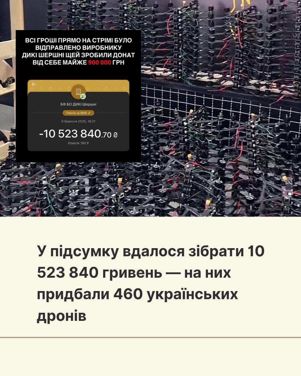 Sho_Tam_'s tweet photo. Під час стриму блогер Михайло Лебіга зібрав 10,5 млн грн на дрони для ЗСУ — удвічі більше, ніж планував.

Шість днів безперервного марафону: спорт, медитації і навіть сон в прямому ефірі.

За ці гроші купили 460 українських дронів— частина вже допомагає на фронті. https://t.co/4zNbRrKDBN