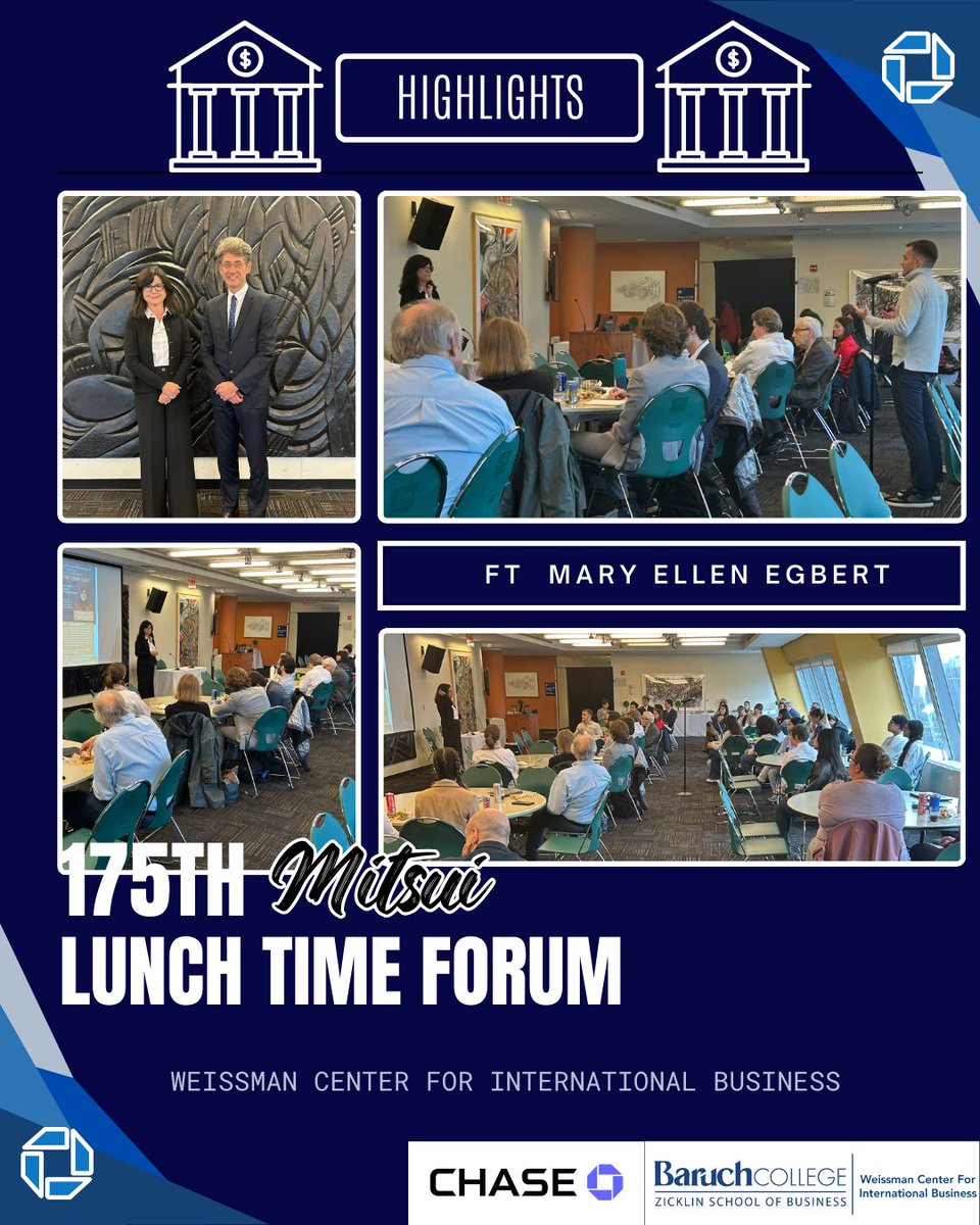 Yesterday, the Weissman Center for International Business held the 175th Mitsui Lunch Time Forum featuring Mary Ellen Egbert, Chief Credit Risk Officer of Commercial Banking at JPMorgan &amp; Chase.

Thank you to Mary Ellen Egbert for sharing all of the incredible insights!💼✨