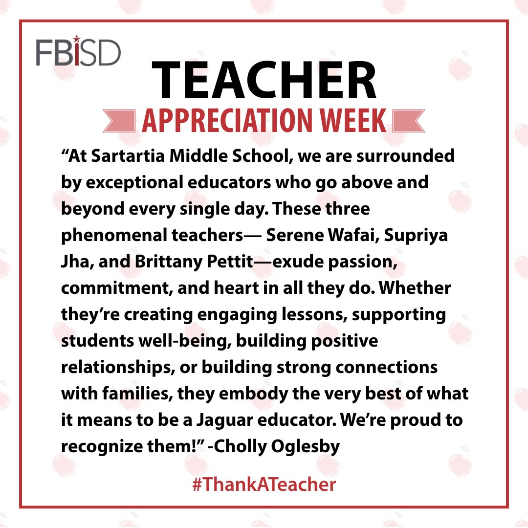 The #TeacherAppreciationWeek shoutouts keep going strong! 🎉

Today, we’re shining a spotlight on Ms. Zuniga from Schiff Elementary, along with Serene Wafai, Supriya Jha, and Brittany Pettit from Sartartia MS. Thank you for your passion, dedication, and the incredible impact you