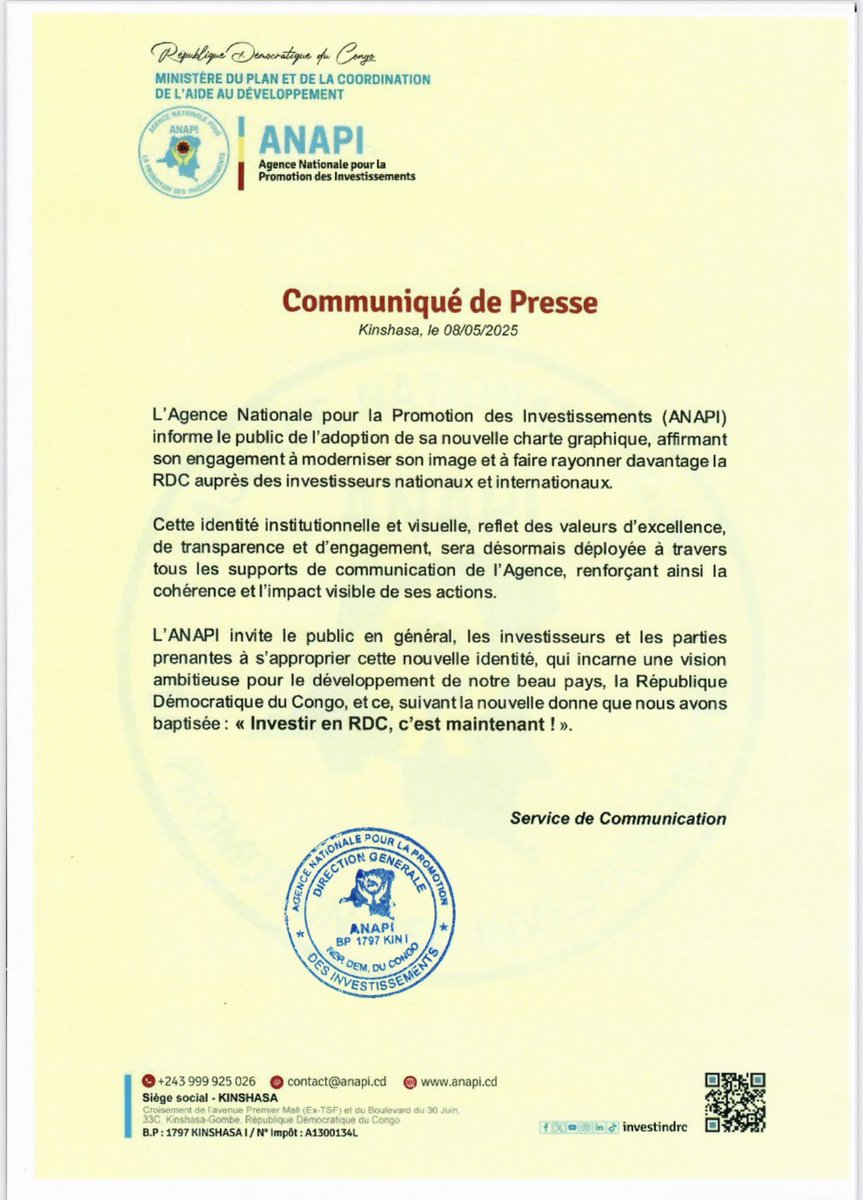 investindrc's tweet image. 📂 #Communiqué_de_Presse  
Du 08.05.2025

#ANAPI #investinDRC #investirenRDC