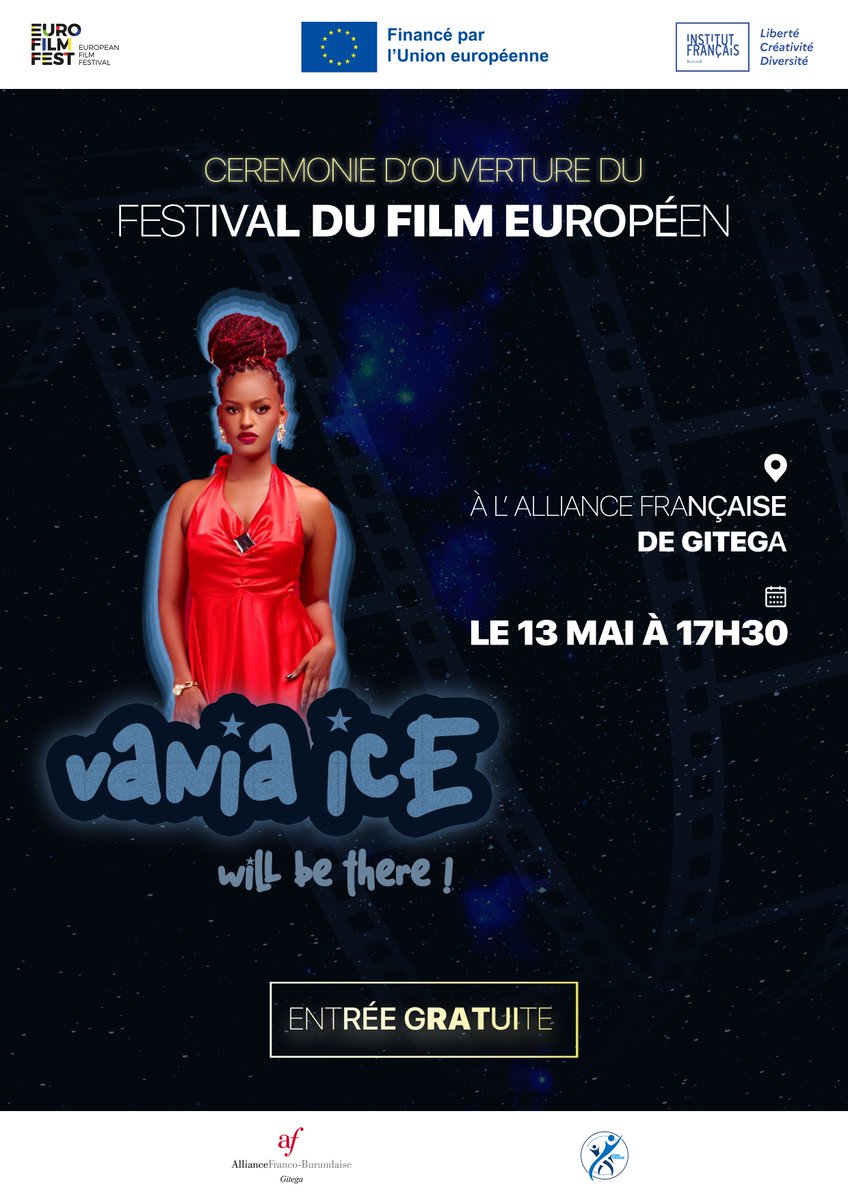 UE au Burundi (@ueauburundi) on Twitter photo 🎬Festival du Film 🇪🇺 à #Gitega - 13 Mai
L'#UE t'invite à un événement inoubliable: des projections de films européens, des courts-métrages réalisés avec un smartphone par des jeunes talents 🇧🇮 et vote pour tes préférés ! 🎥✨
<a href="/VaniaIce/">Vania Ice</a>,<a href="/kaboss4real/">kaboss4real</a>,<a href="/IrakozeHosy/">Hosy IRAKOZE</a> will be there 🎬Festival du Film 🇪🇺 à #Gitega - 13 Mai
L'#UE t'invite à un événement inoubliable: des projections de films européens, des courts-métrages réalisés avec un smartphone par des jeunes talents 🇧🇮 et vote pour tes préférés ! 🎥✨
<a href="/VaniaIce/">Vania Ice</a>,<a href="/kaboss4real/">kaboss4real</a>,<a href="/IrakozeHosy/">Hosy IRAKOZE</a> will be there