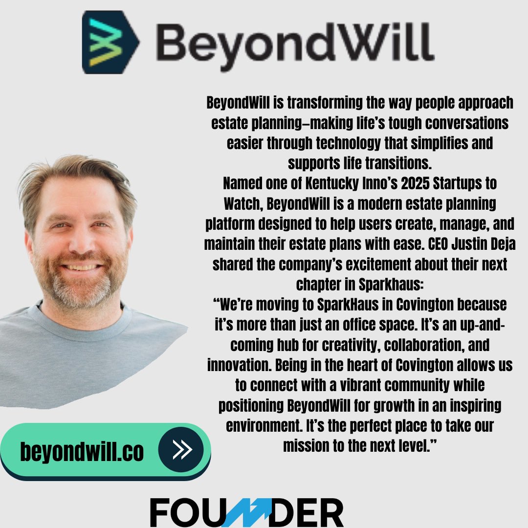 sparkhaus_ky's tweet image. For the fourth day of #SmallBusinessWeek BeyondWill is revolutionizing estate planning with tech that simplifies life’s transitions. As Justin Deja, CEO of BeyondWill, says, “It’s the perfect place to take our mission to the next level.”
#Entrepreneurship #startupstowatch