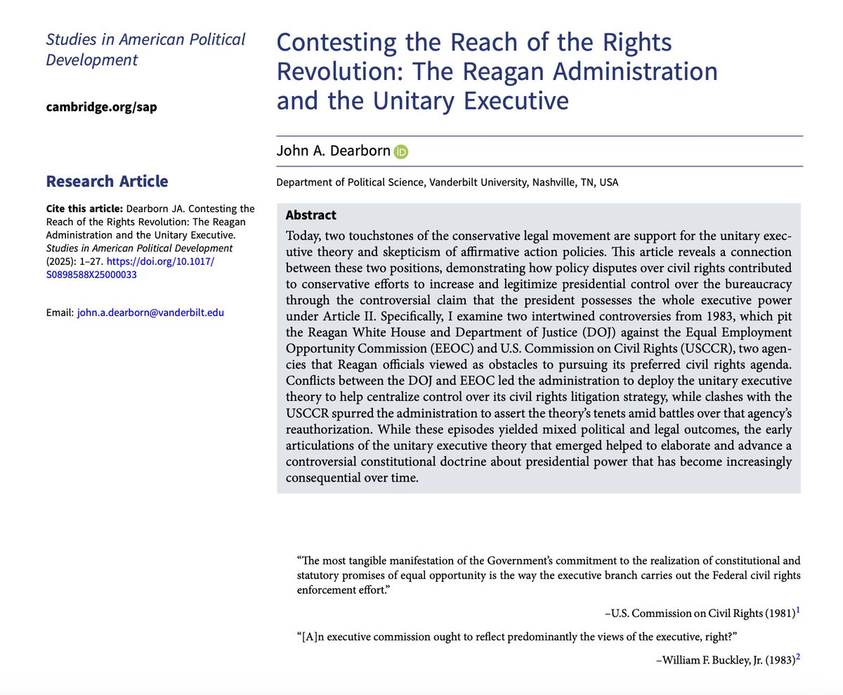 John Dearborn (@johnadearborn) on Twitter photo My article "Contesting the Reach of the Rights Revolution: The Reagan Administration and the Unitary Executive" is now online (and open access) in <a href="/StudiesAPD/">Studies in American Political Development (SAPD)</a>.
cambridge.org/core/journals/… My article "Contesting the Reach of the Rights Revolution: The Reagan Administration and the Unitary Executive" is now online (and open access) in <a href="/StudiesAPD/">Studies in American Political Development (SAPD)</a>.
cambridge.org/core/journals/…