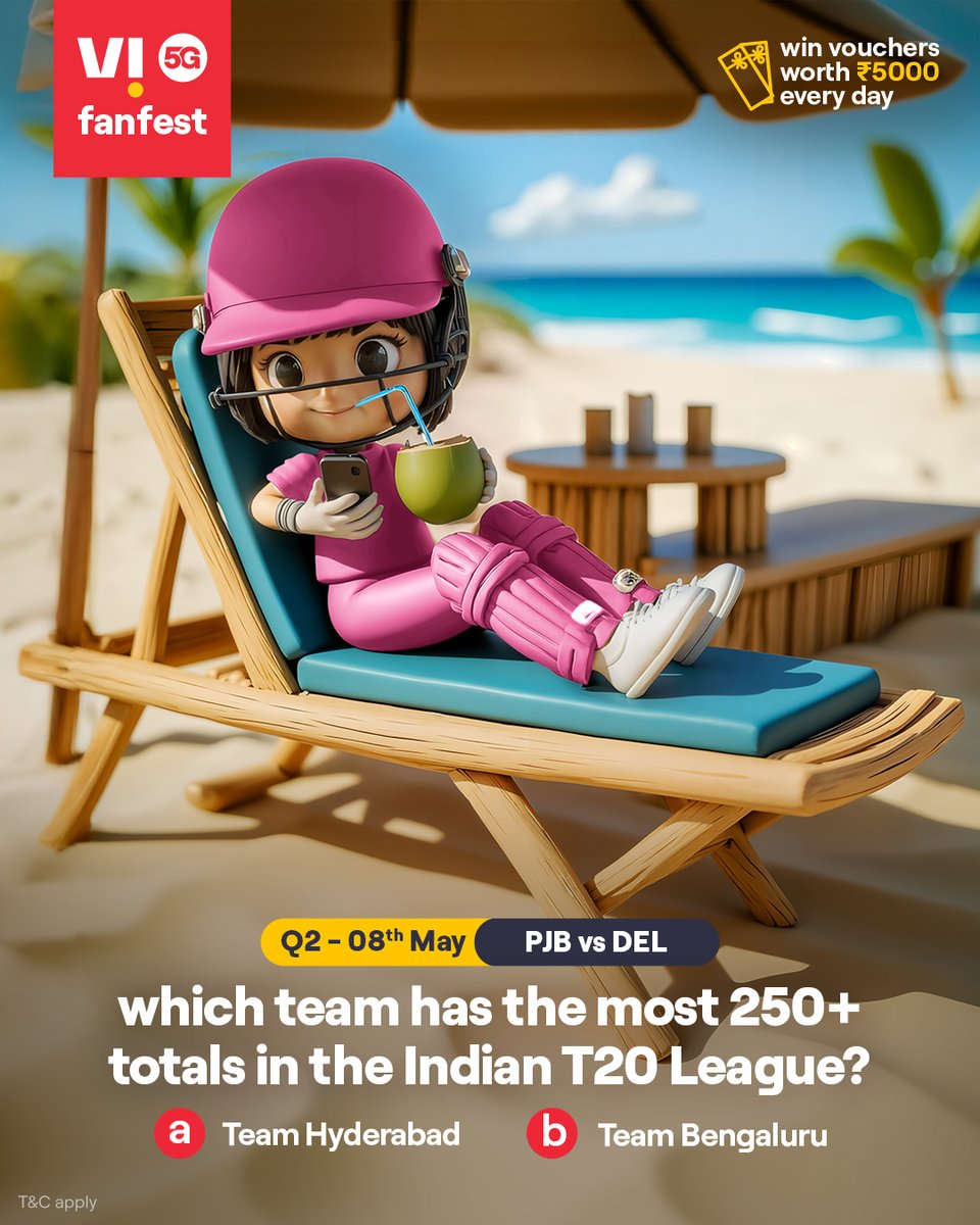 Cricky is testing your cricket IQ 🏏💡
Comment #Vi5Gfanfest with the right answers to all 5 questions today and stand a chance to win vouchers worth ₹5,000 🎟️✨🏆
.
.
#ChallengeAlert #WinPrizes #Quiz #ParticipateAndWin #PJBvsDEL #Punjab #Delhi